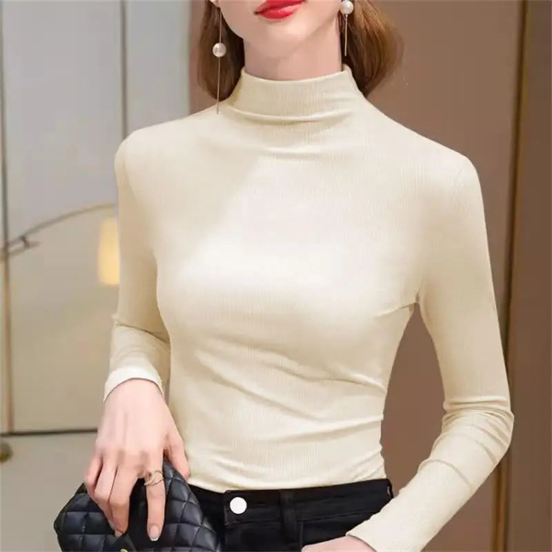 Women's High Collar Elastic Ribbed Long Sleeve Casual Top