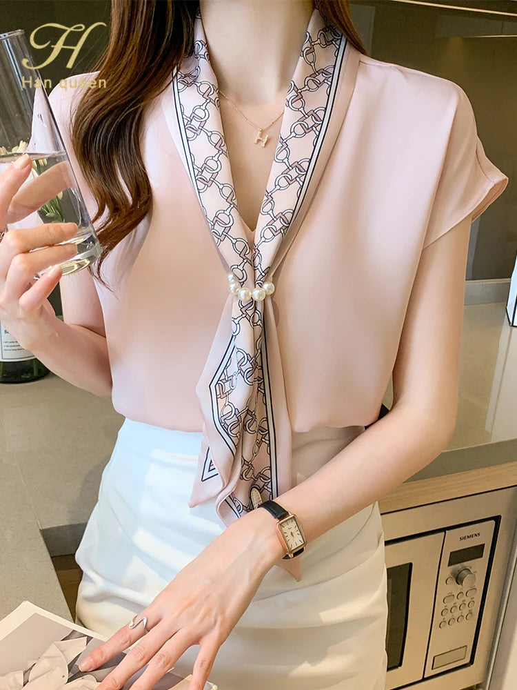 H Han Queen Chiffon V Neck Office Blouse Women