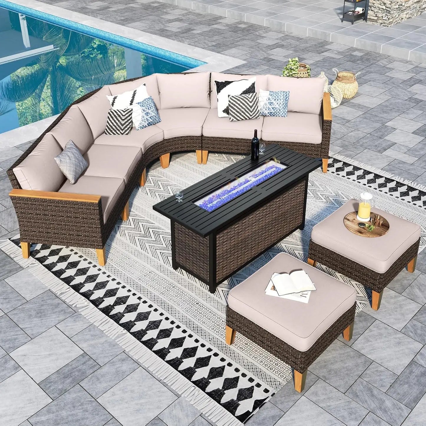 12 Piece Curved Outdoor Sectional Sofa Set Rattan Patio Conversation Set Beige