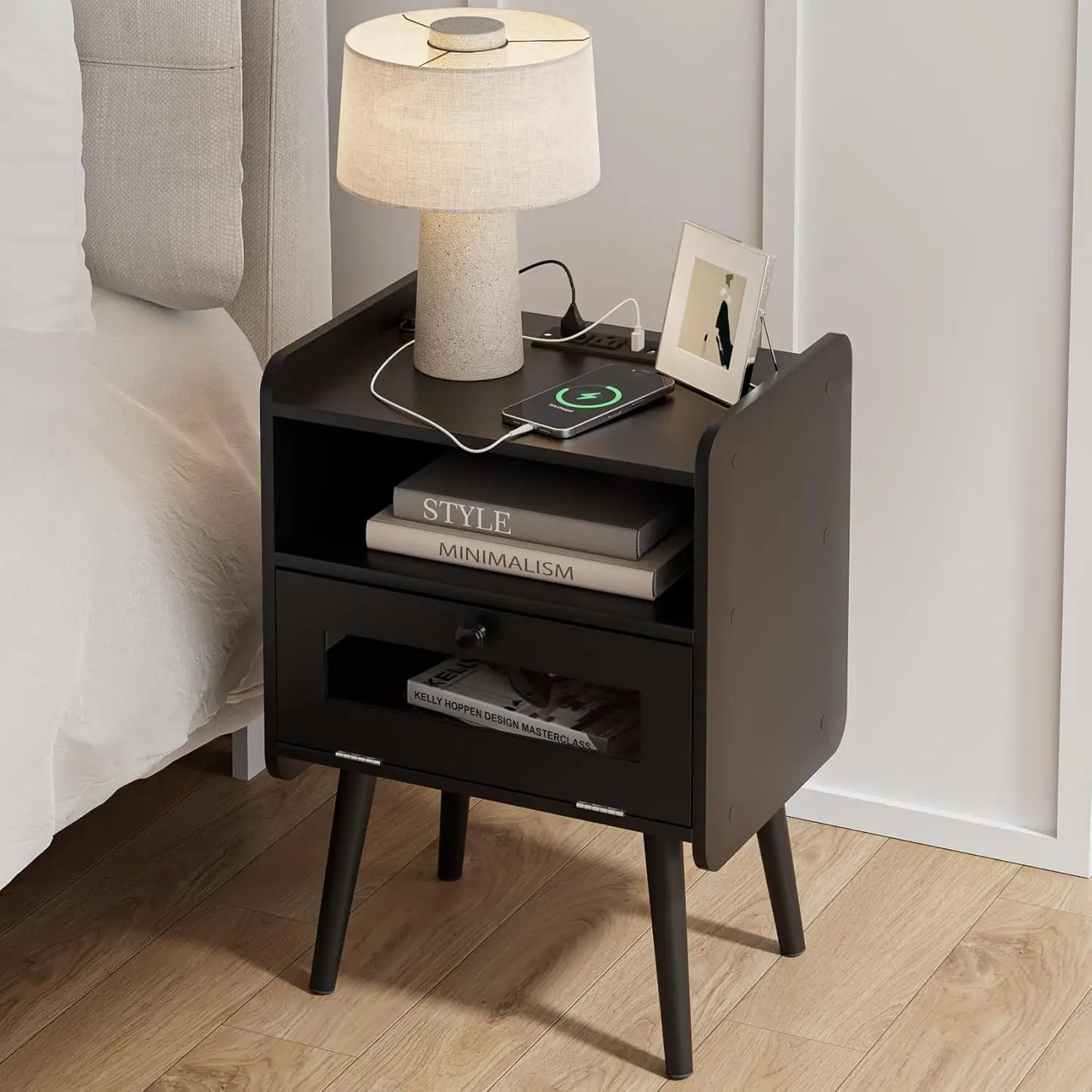 Nightstand With Charging Station Mid Century Modern Bedside Table With Storage Drawer And Open Wood Shelf Small End Side Table