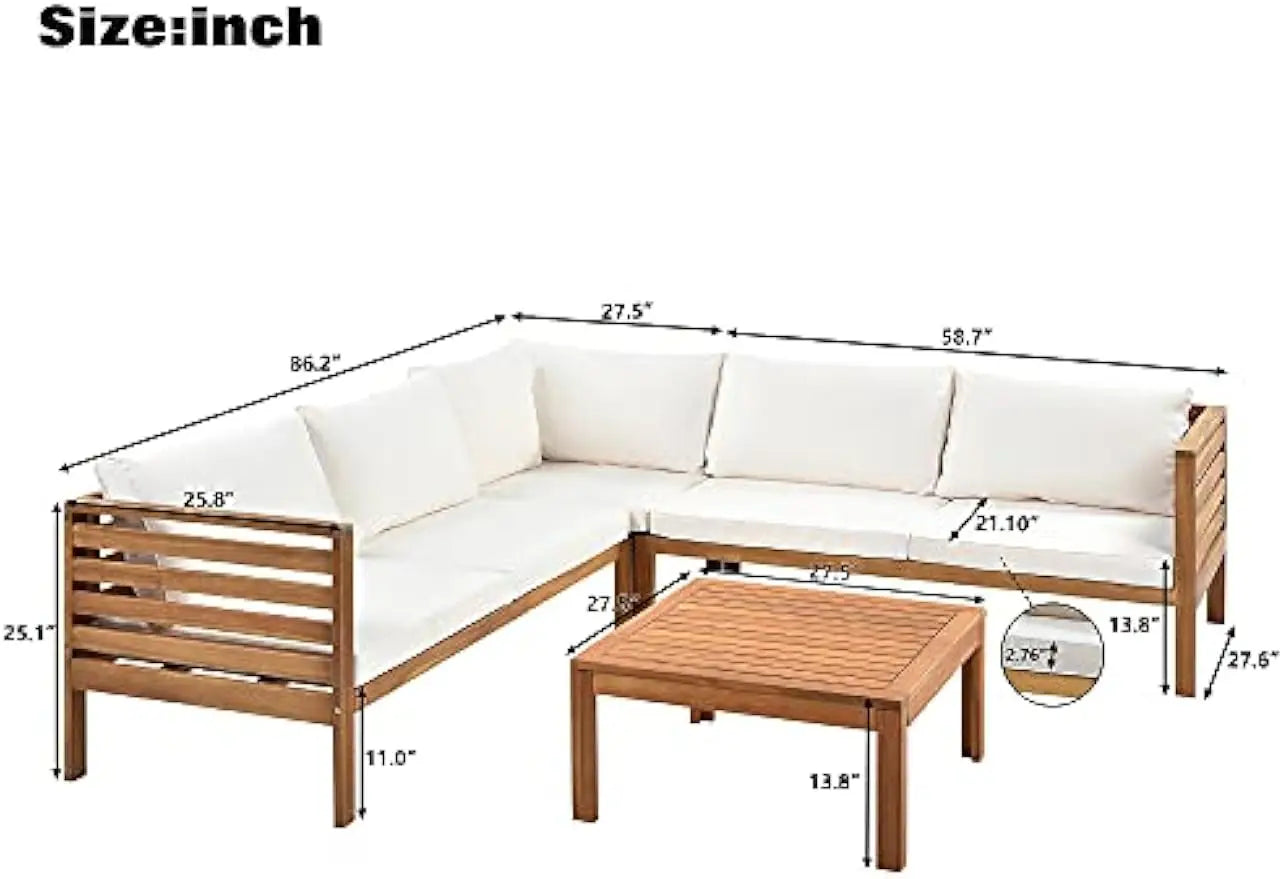 Outdoor Sectional Sofa Set with Coffee Table Removable Patio Sectional Seating Group L Shape Corner Sofa Set Natural Wood Beige
