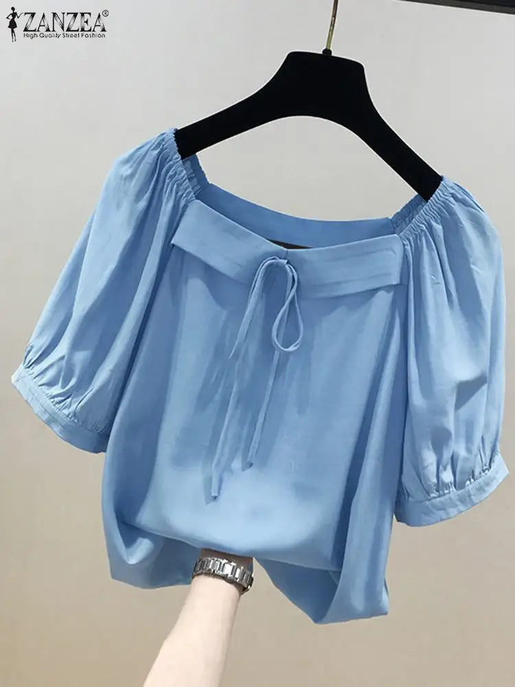 ZANZEA Korean Style Square Collar Lace-Up Blouse