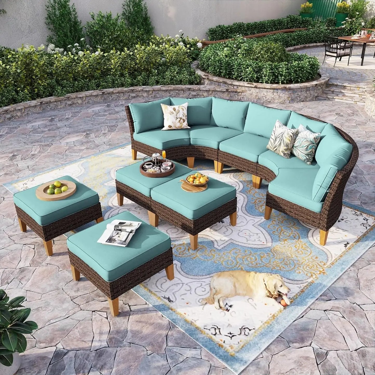 12 Piece Curved Outdoor Sectional Sofa Set Rattan Patio Conversation Set Beige