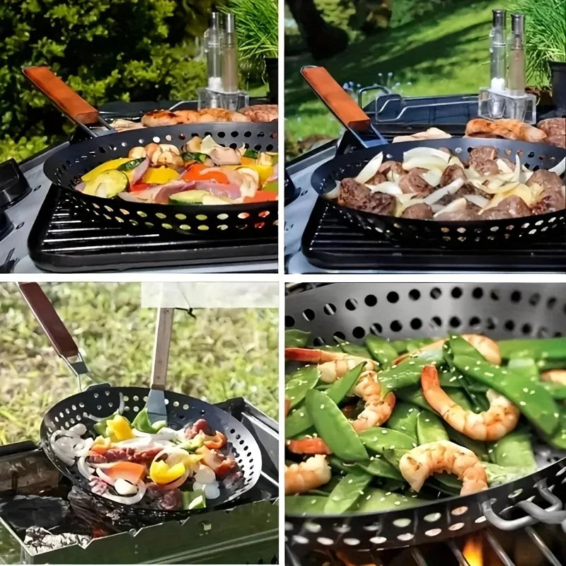 Round BBQ Grill Basket with Folding Handle for Outdoor Cooking
