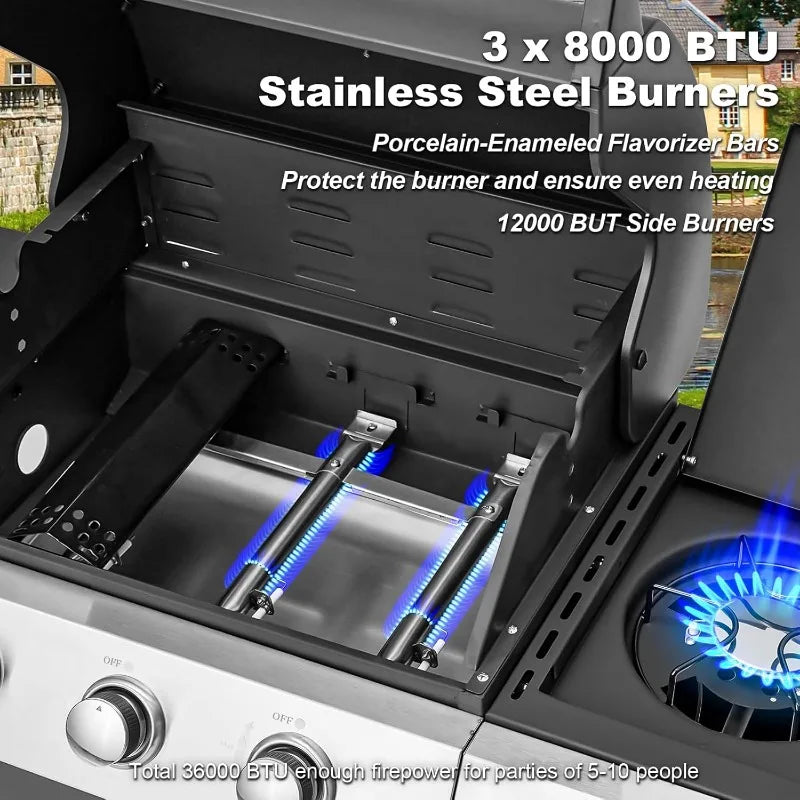 MELLCOM 3 Burner Propane Gas Grill with Cast Iron Grates