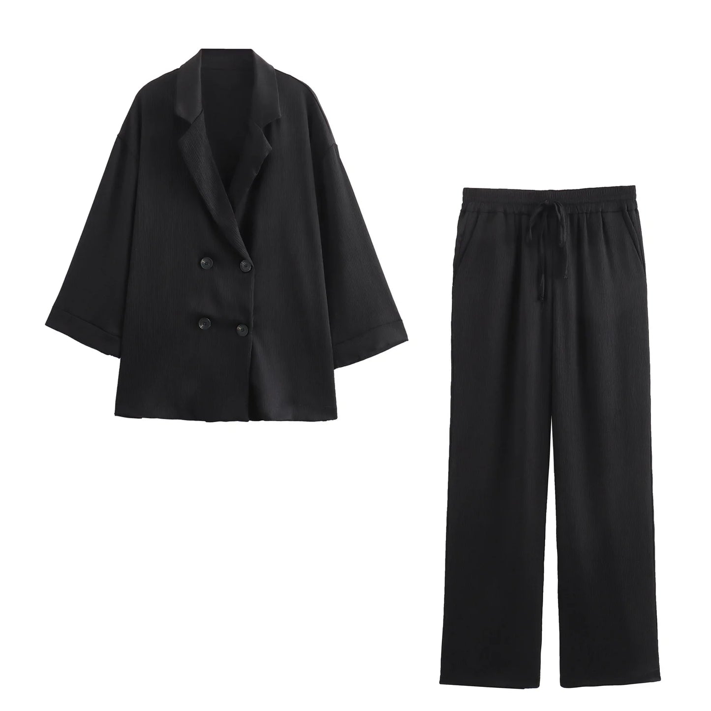 Casual Double Breasted Blazer And Wide Leg Trousers Set
