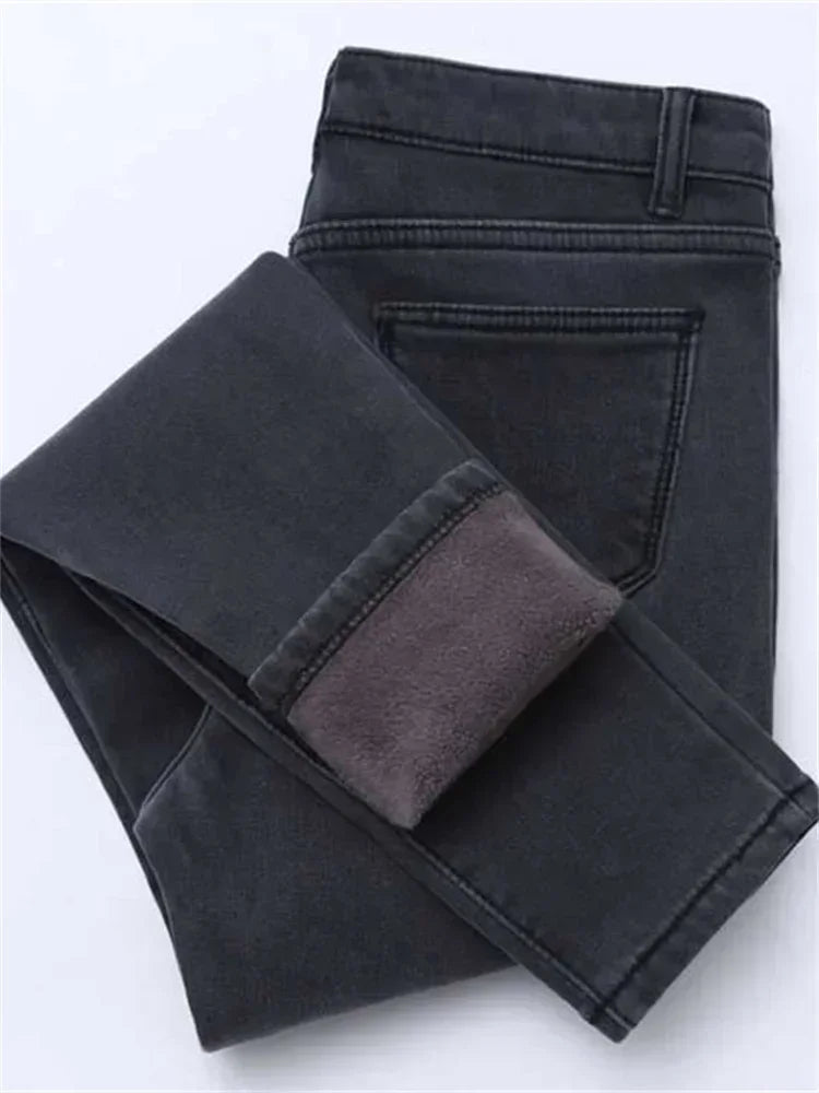 YUKIESUECN Women Warm Thick Denim Jeans High Waist Fleece