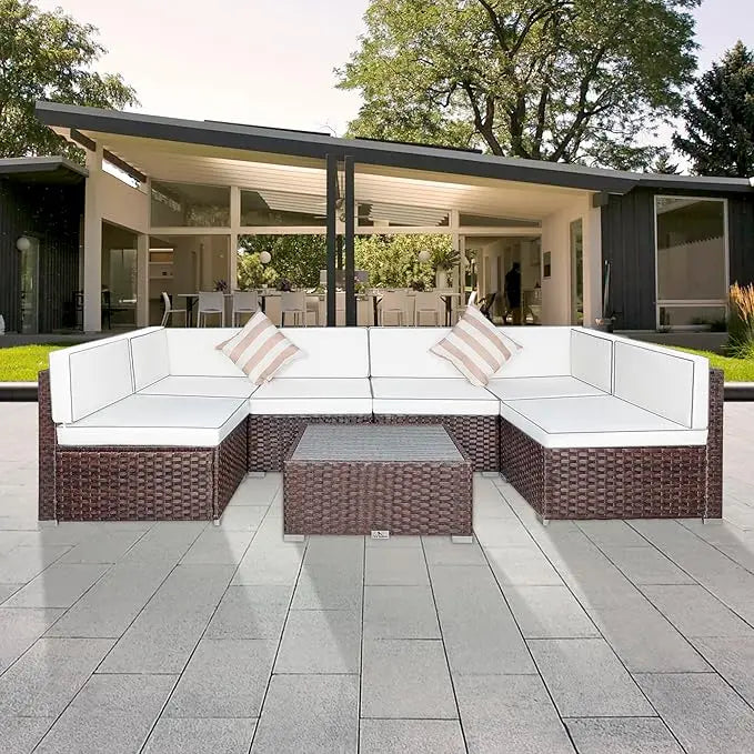 7 Piece Outdoor Patio Furniture Set with Cushions PE Rattan Wicker Sectional Conversation for Garden Deck Poolside
