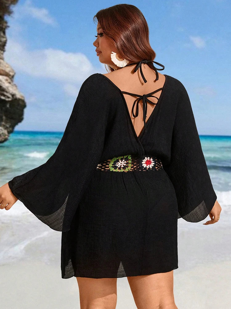 Bohemian Crochet Black Cover Up Mini Dress for Beachwear
