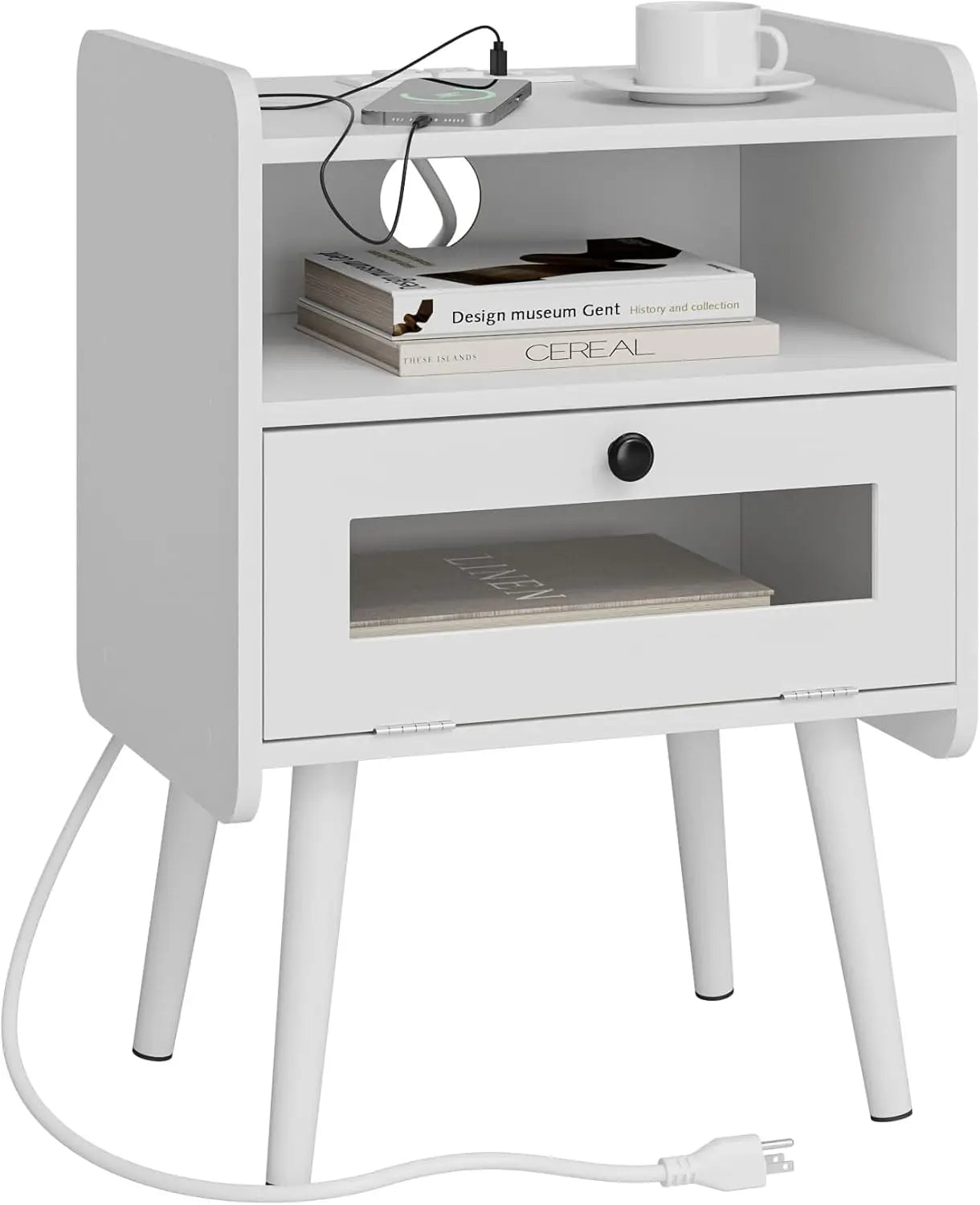 Nightstand With Charging Station Mid Century Modern Bedside Table With Storage Drawer And Open Wood Shelf Small End Side Table