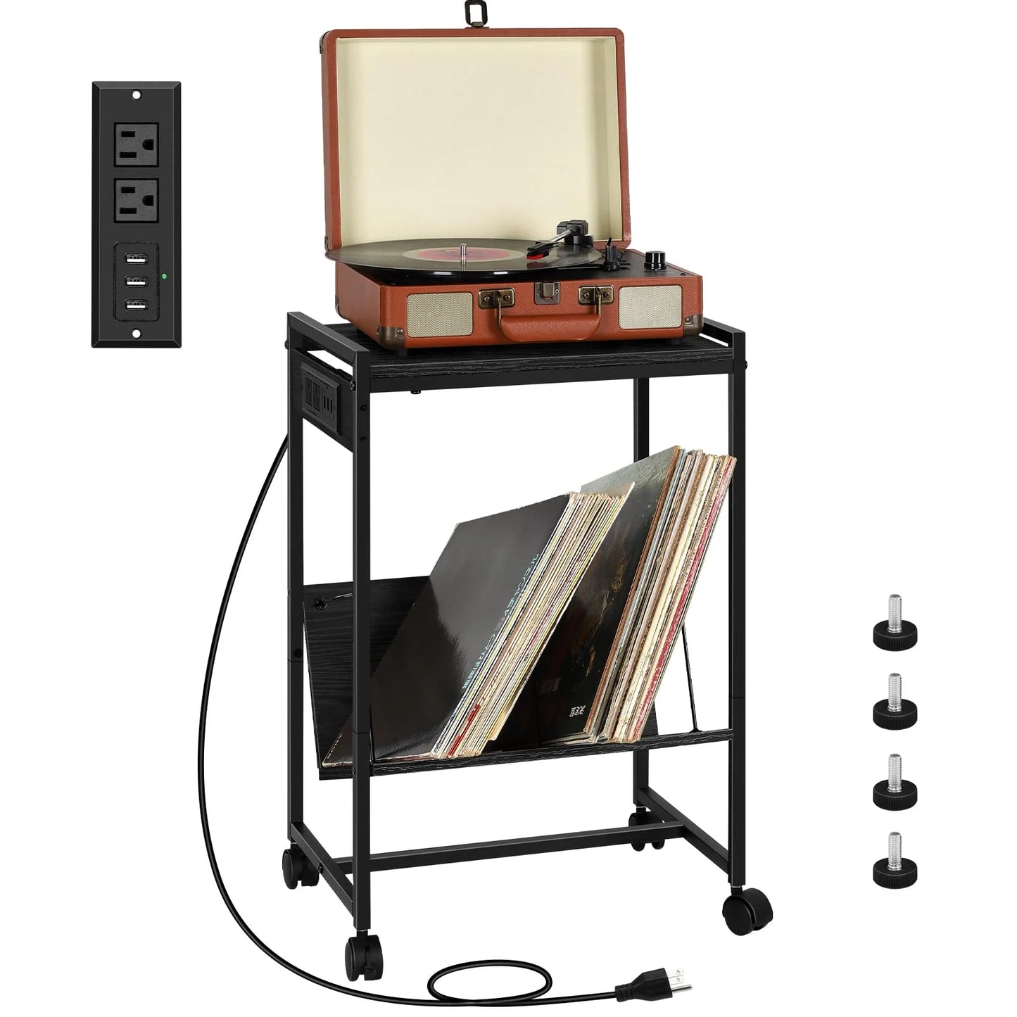 Record Player Stand with Vinyl Storage Side Table and Charging Station 2 Tier Rolling Record Player Table for Living Room