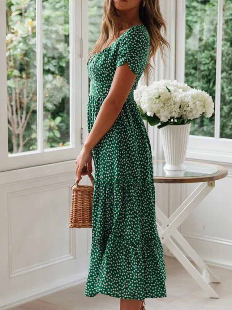 Vintage Floral Puff Sleeve Maxi Dress for Summer Beach Days