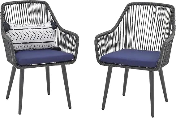 Modern Outdoor Dining Chairs Set of Two Woven Rope Rattan