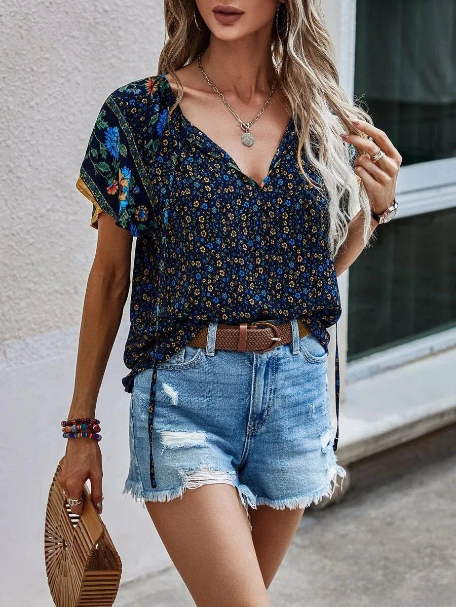 HEYTOAICN Summer Floral Blouses Women V Neck Short Sleeve