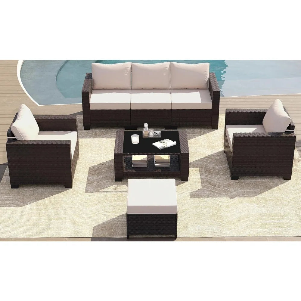 Patio Furniture Set 7 Pieces Conversation Set Wicker Outdoor Sectional Sofa Ergonomic Armrests Couch with Cushion