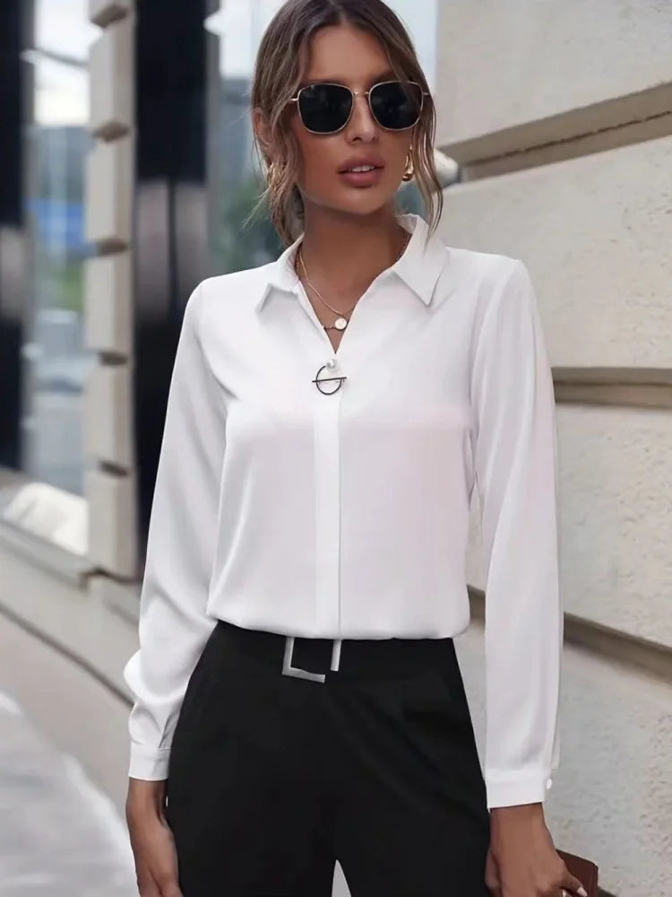 RibbonFishCN Women Blouses Long Sleeve Turn Down Collar