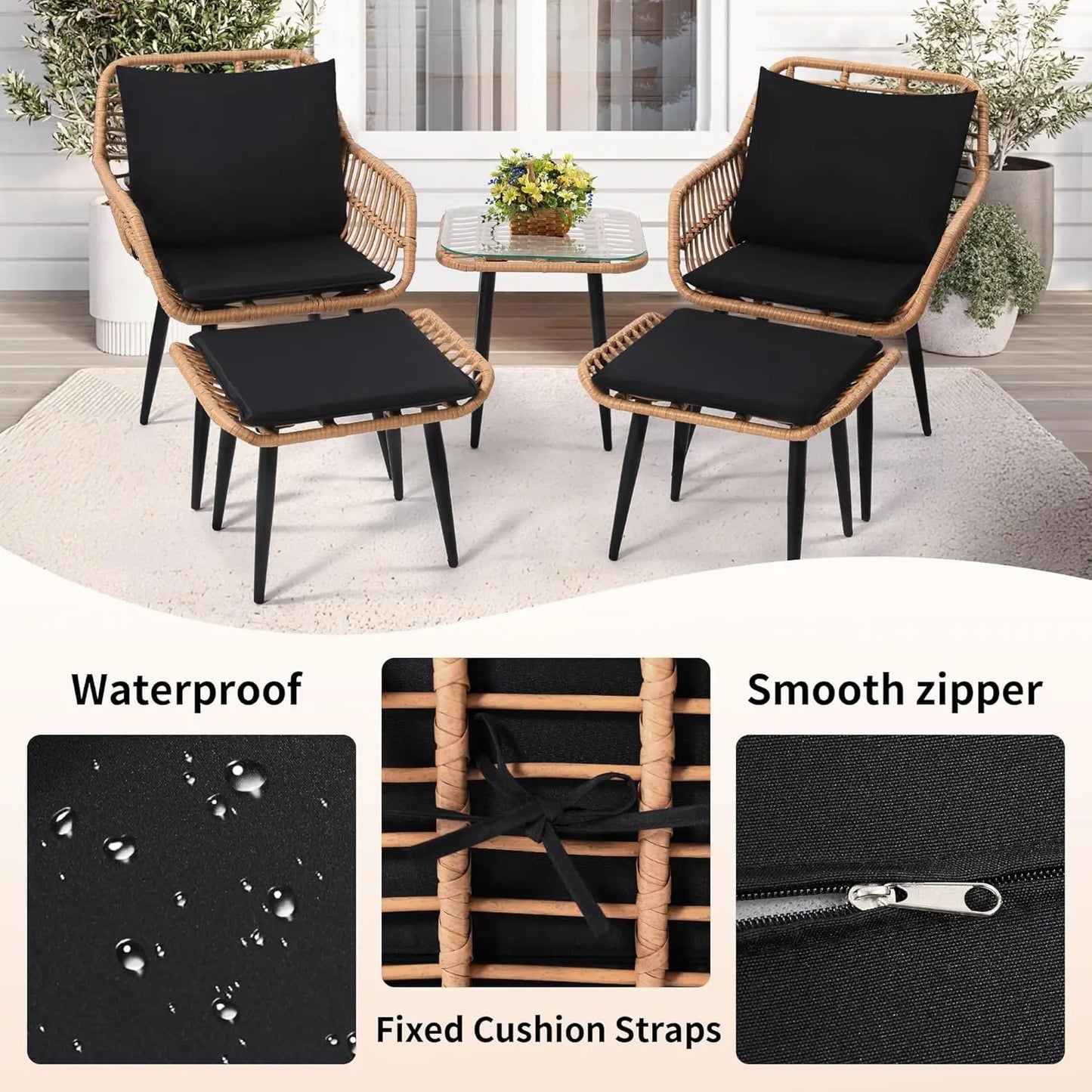 5 Piece Wicker Bistro Patio Conversation Furniture Set with 2 Chairs 2 Ottomans and Side Table for Porch and Balcony