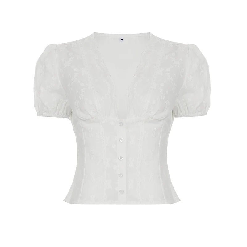 Darlingaga Y2K Bow Textured Waist Cinching Puff Sleeve Shirt