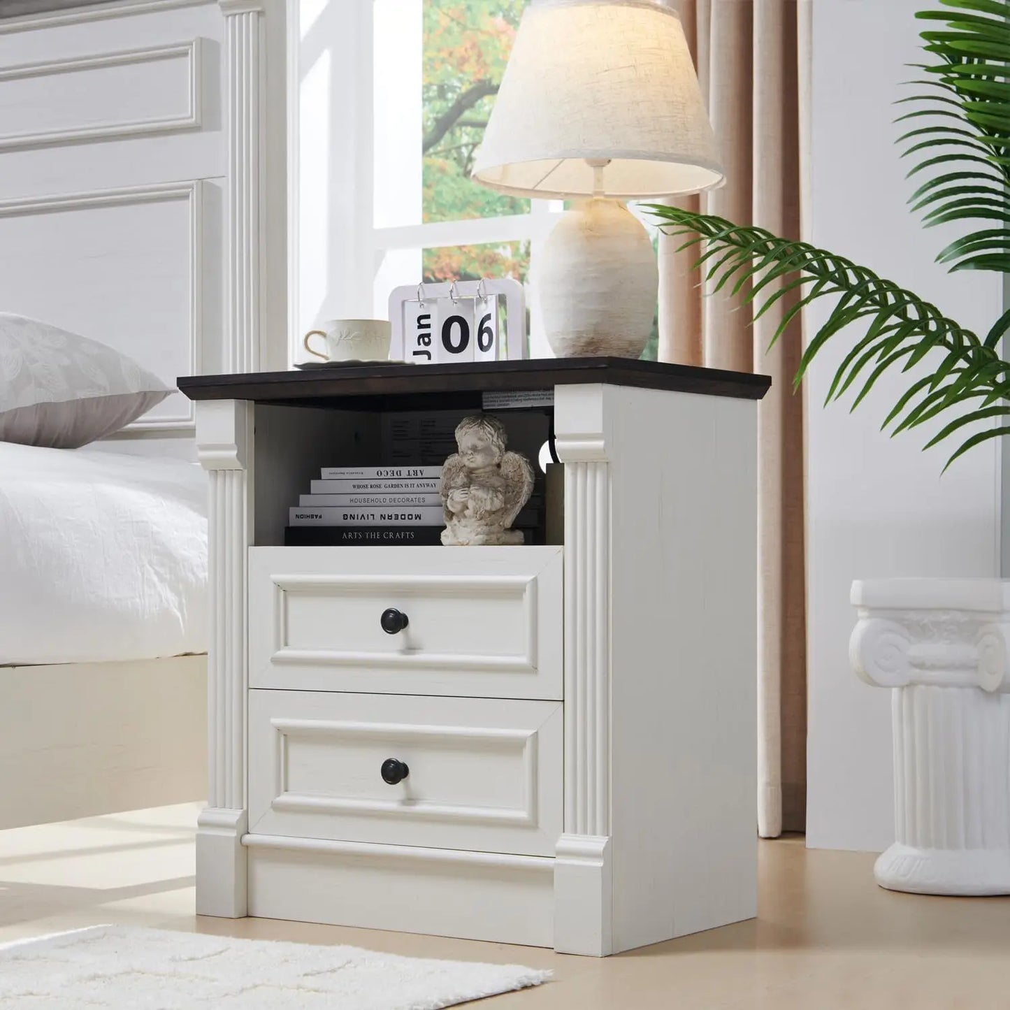 Elegant Wooden Side Table with Charging Station and Open Shelving