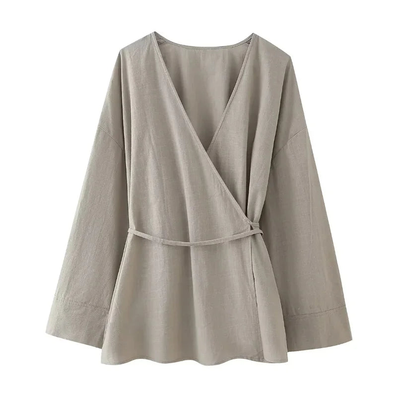 MUJER Kimono Blouse Women Long Sleeve Tie Front Elegant