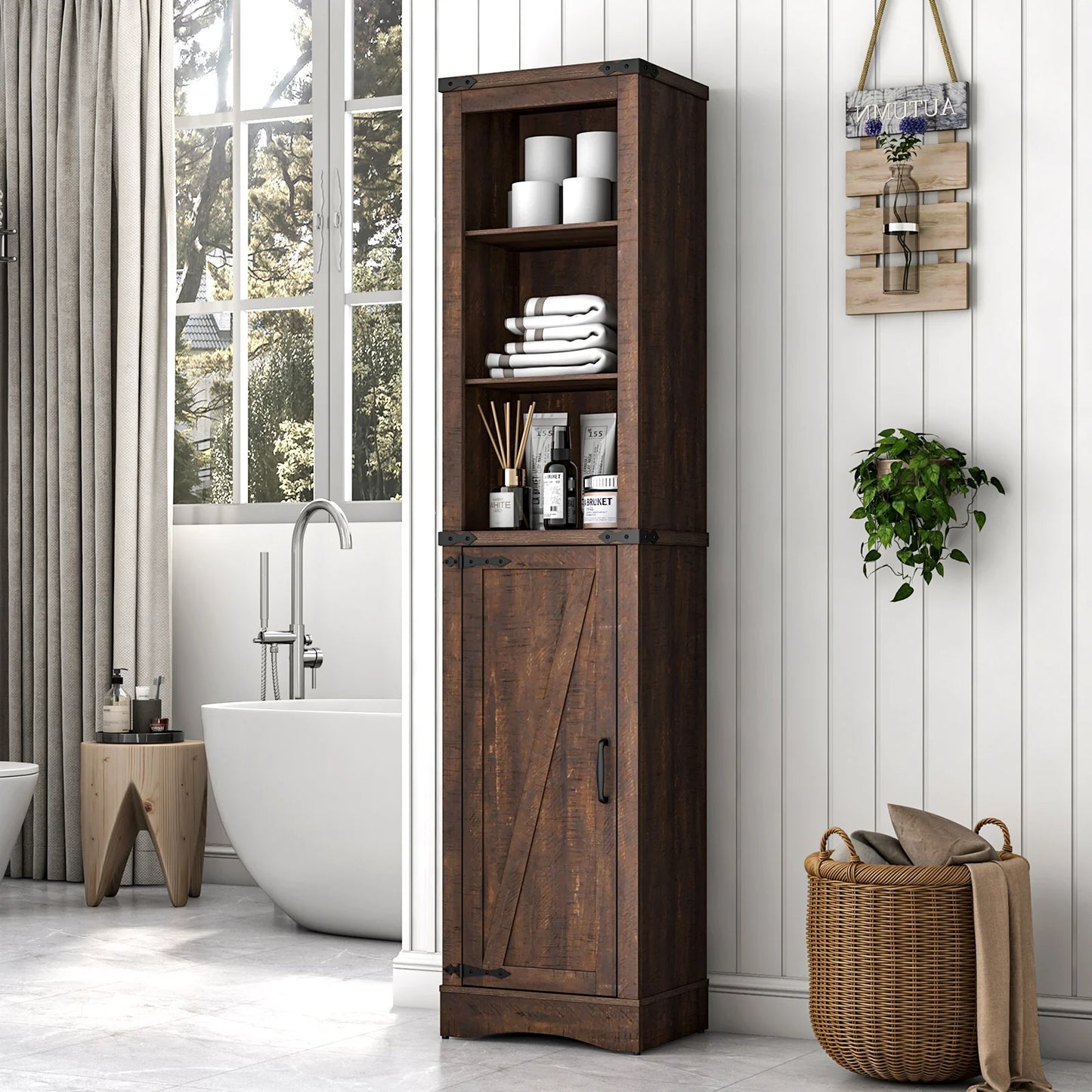 QiaoShiRen Farmhouse Linen Tower Cabinet With Barn Door