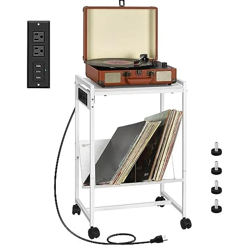 Record Player Stand with Vinyl Storage Side Table and Charging Station 2 Tier Rolling Record Player Table for Living Room