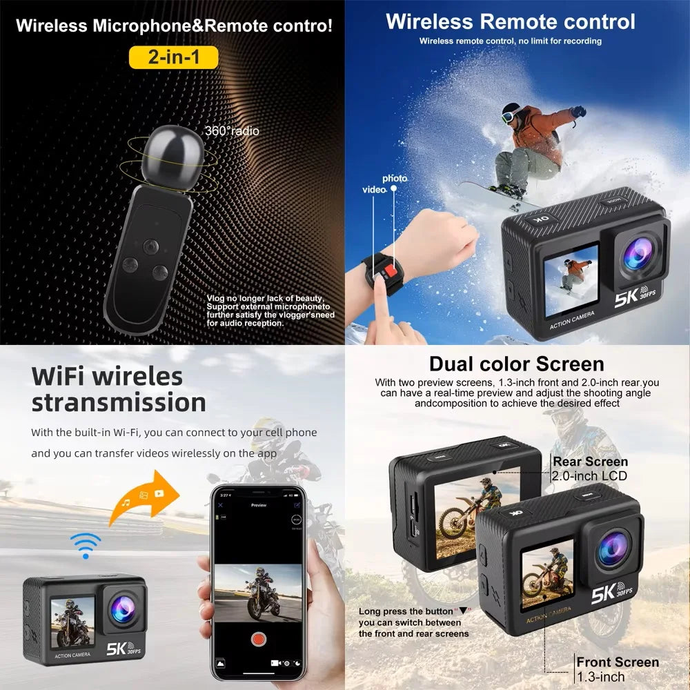 5K Action Camera with Dual Screen and Waterproof Design