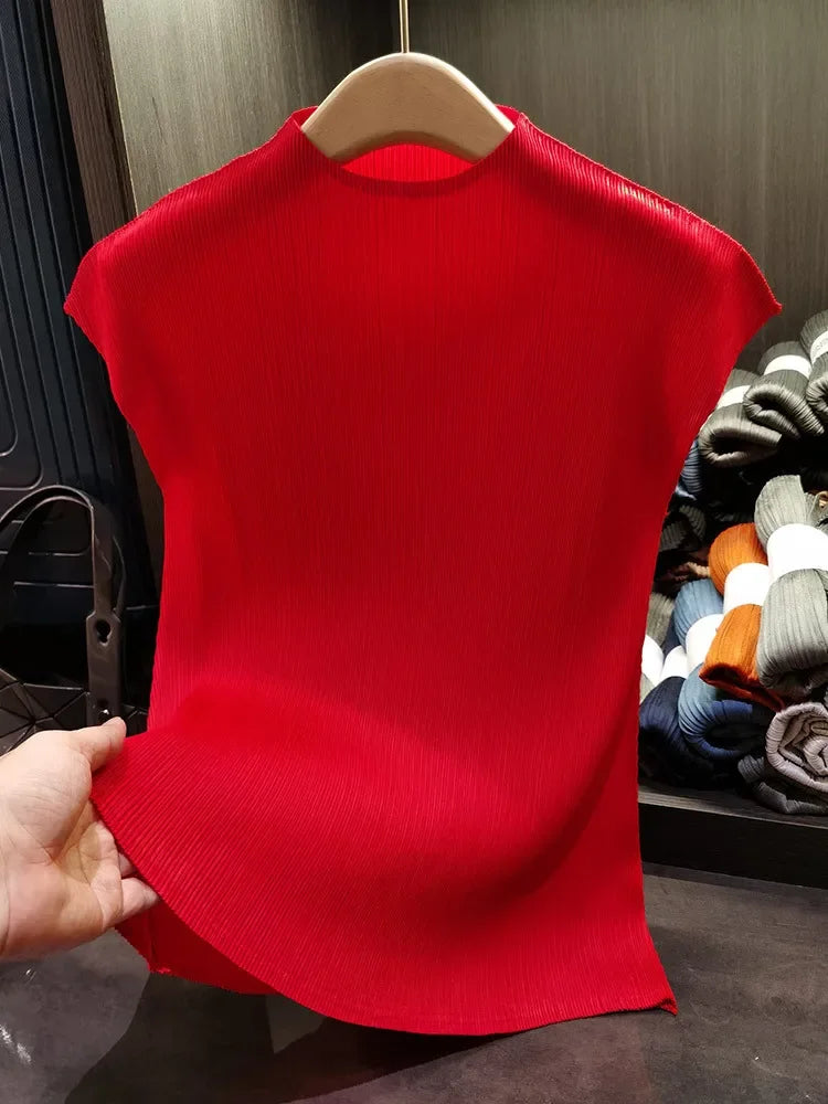 YUDXCN Women Pleated Top with Stand Up Collar