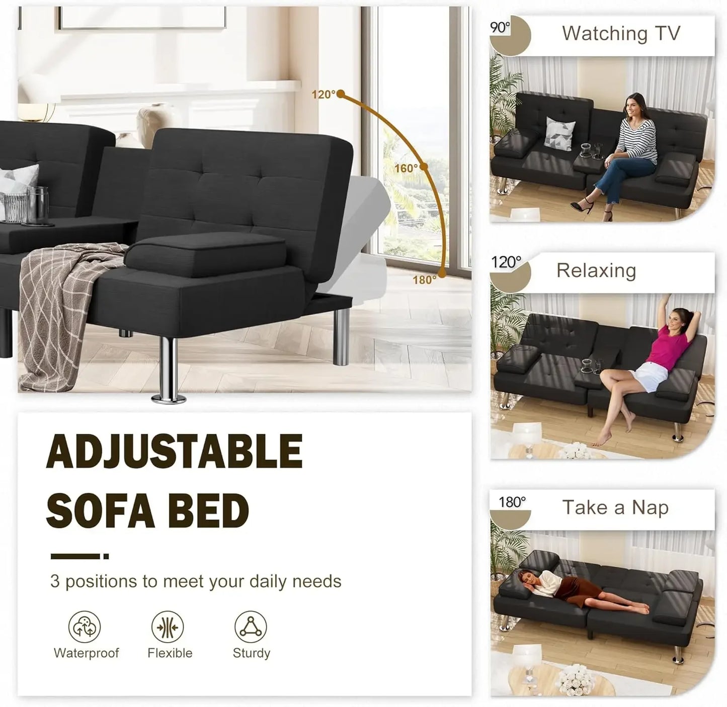 XMSJ Modern Linen Upholstered Convertible Futon Sofa Bed Removable Armrests