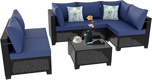 8 Pieces Outdoor Sectional Furniture Rattan Wicker Patio Sofa Couch with 28 Inch Gas Fire Pit Table Conversation Set for Backyard