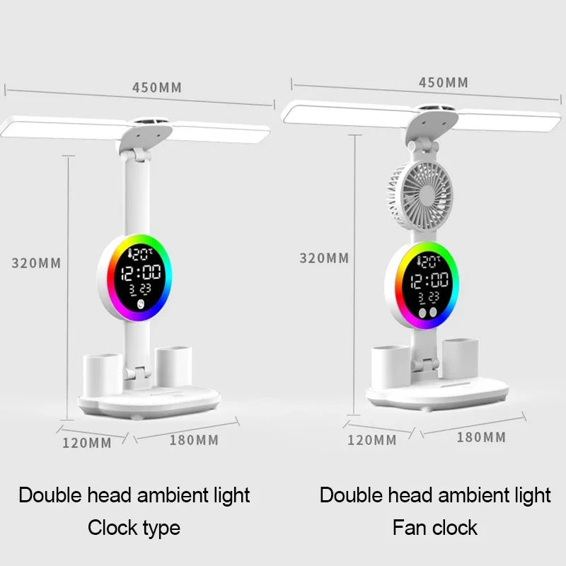 Rechargeable LED Table Lamp with Clock and Fan Features