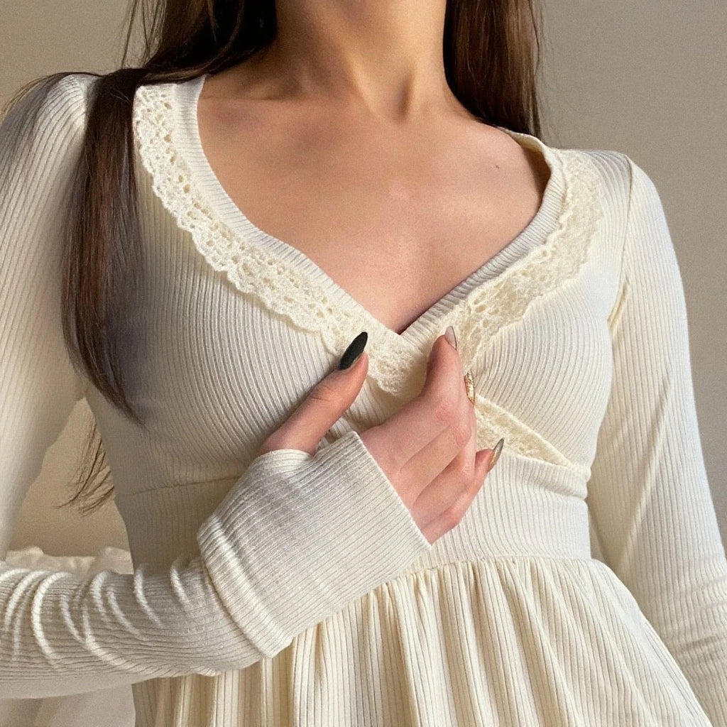 Hirigin Lace Trim Wrap Blouse for Women Long Sleeve Top