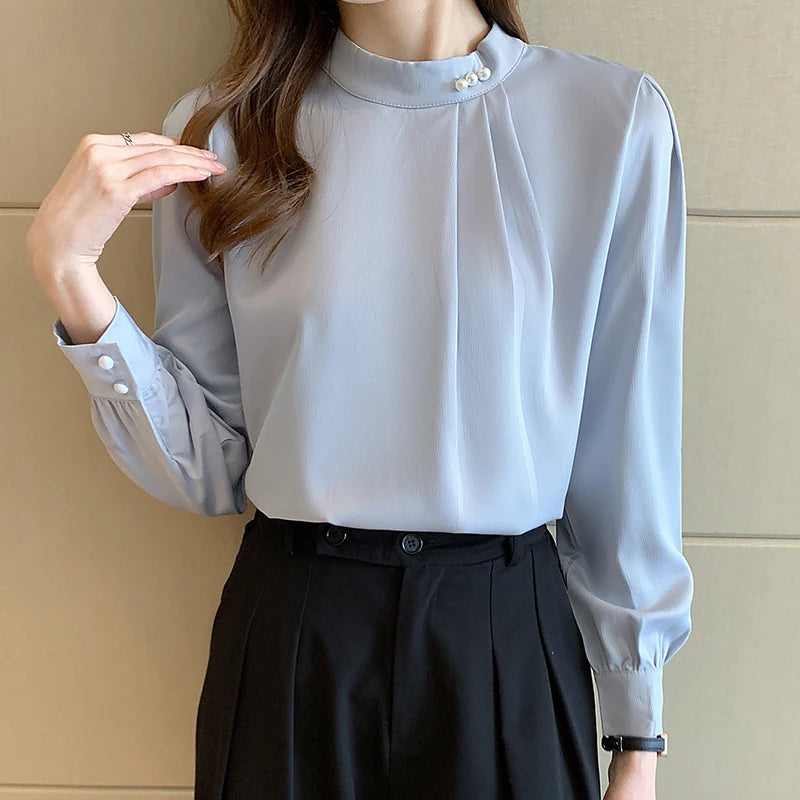 CN Guangdong Satin Blouse Women Long Sleeve Beading Collar