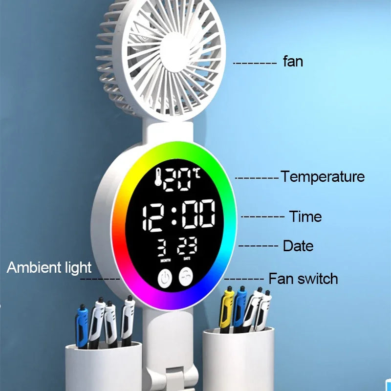 Rechargeable LED Table Lamp with Clock and Fan Features