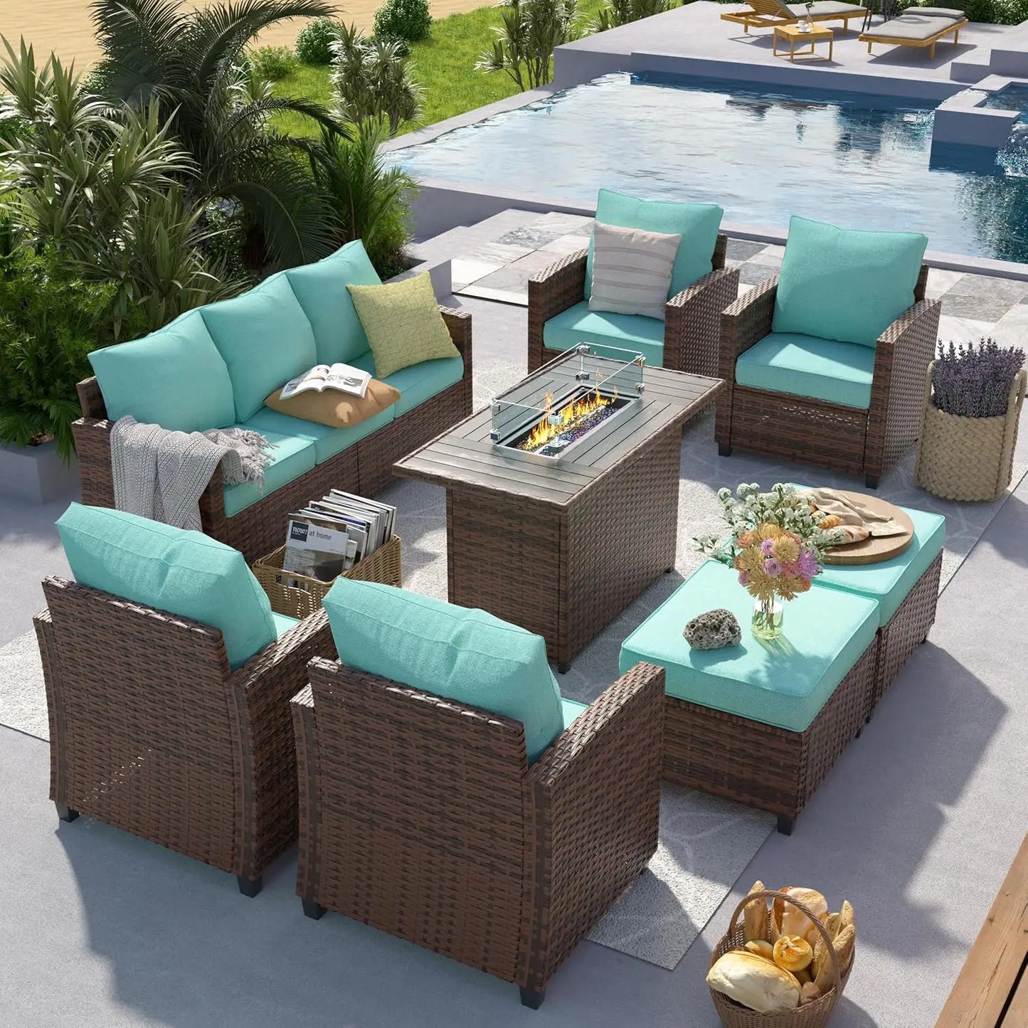 Outdoor Patio Furniture Set with 44 Inch Fire Pit Table for Garden Backyard Deck 6 Pieces Sectional Conversation Set