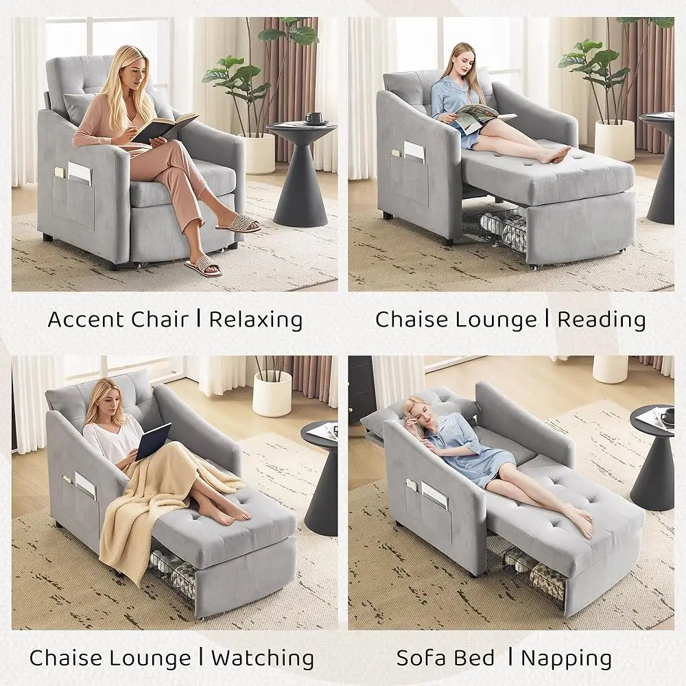 Convertible Sleeper Sofa Chair Bed with Storage and Pillow