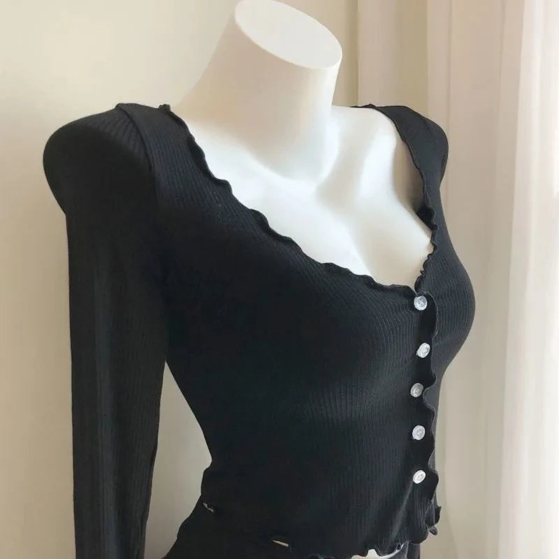 JOEVILUCN Slim Knit Shirt Crop Top Cardigan V Neck Ladies