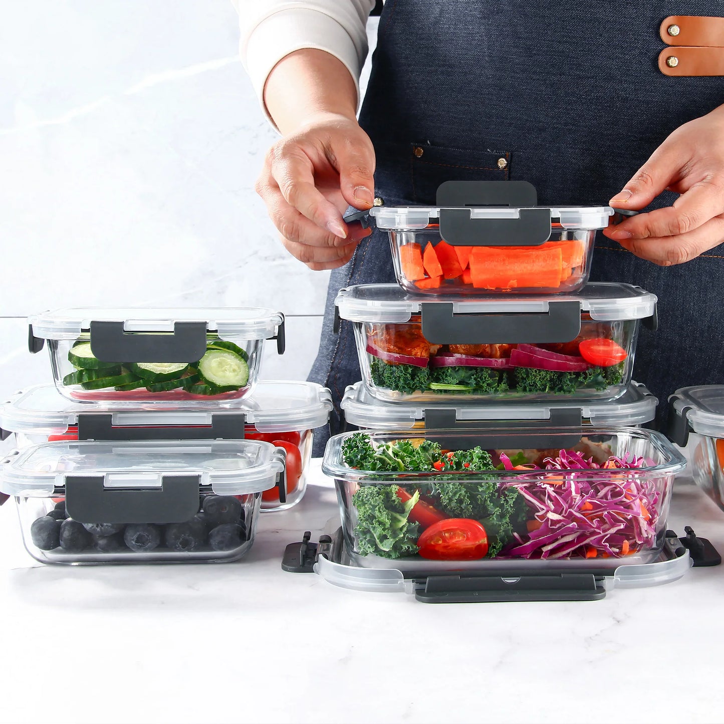 8 Piece Glass Food Storage Containers Set BPA Free Leakproof Microwave and Oven Safe Borosilicate Glass Lock Lid