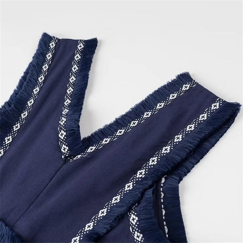 Casual Women's V-Neck Sleeveless Dress with Tassel Decoration