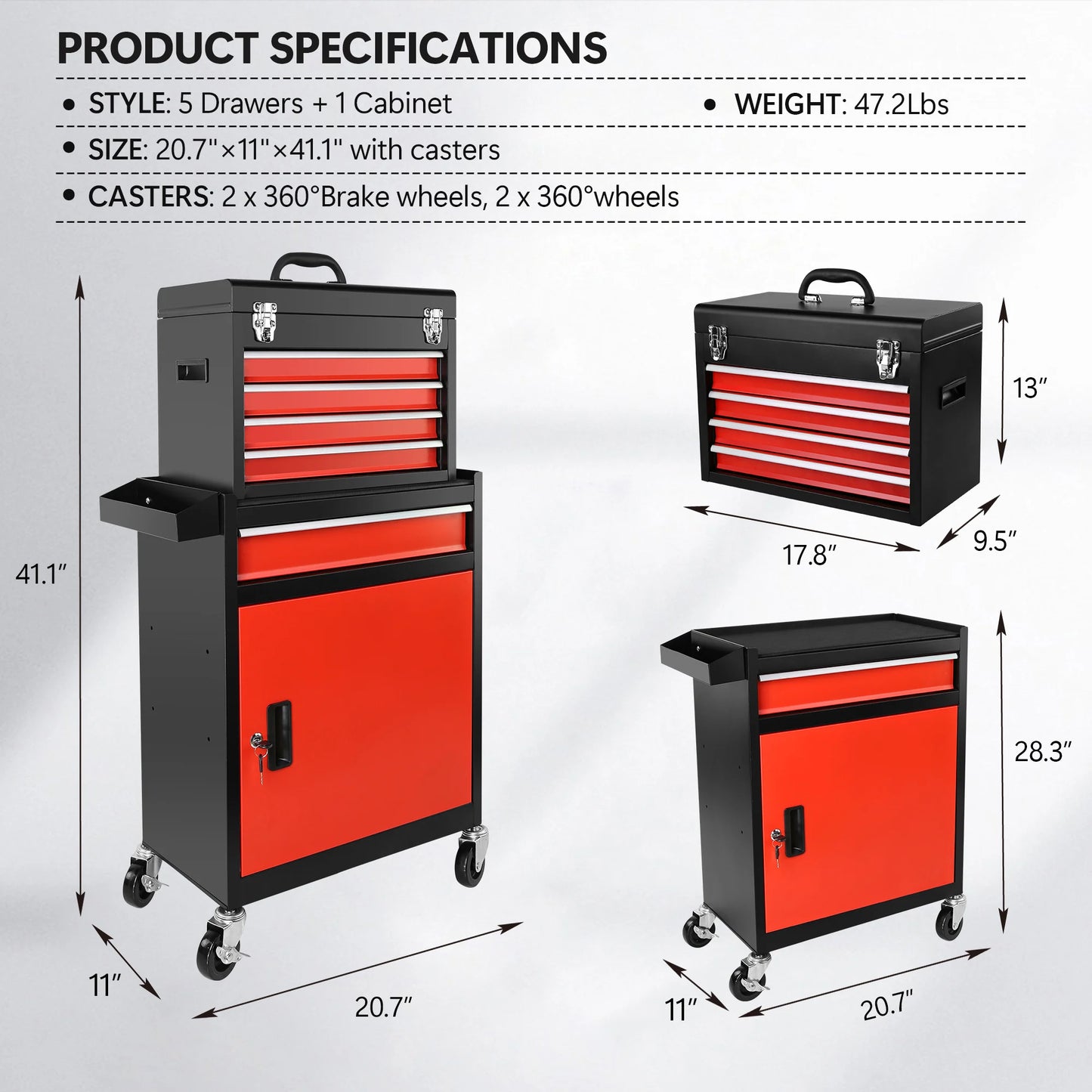 5-Drawer Rolling Tool Storage Cabinet With Locking Mechanism
