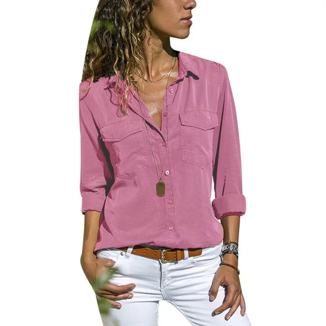 CYWANGCANCANCN Womens V Neck Long Sleeve Shirt With Pockets