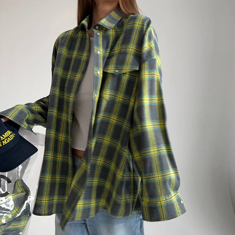 FSMGCN Versatile Plaid Shirt For Women Oversized Blouse