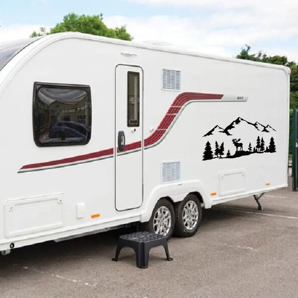 Car Stickers For Motorhome Horsebox Caravan RV Camper Van Outdoor Graphics Moose Trees Forest Mountain Silhouette Decal