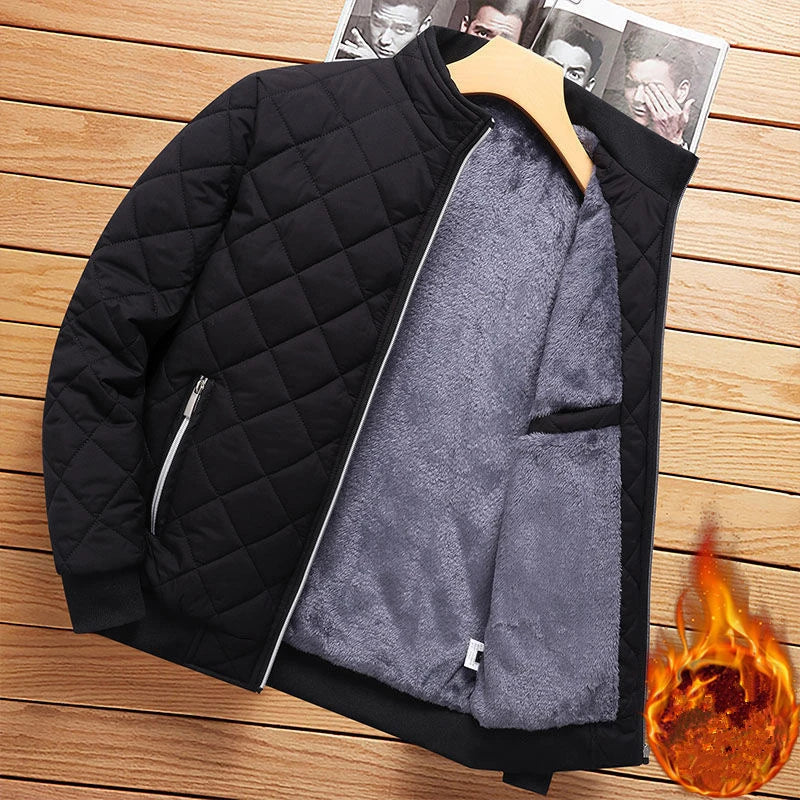 DEE MOONLYCN Diamond Pattern Fleece Lined Bomber Jacket For Men