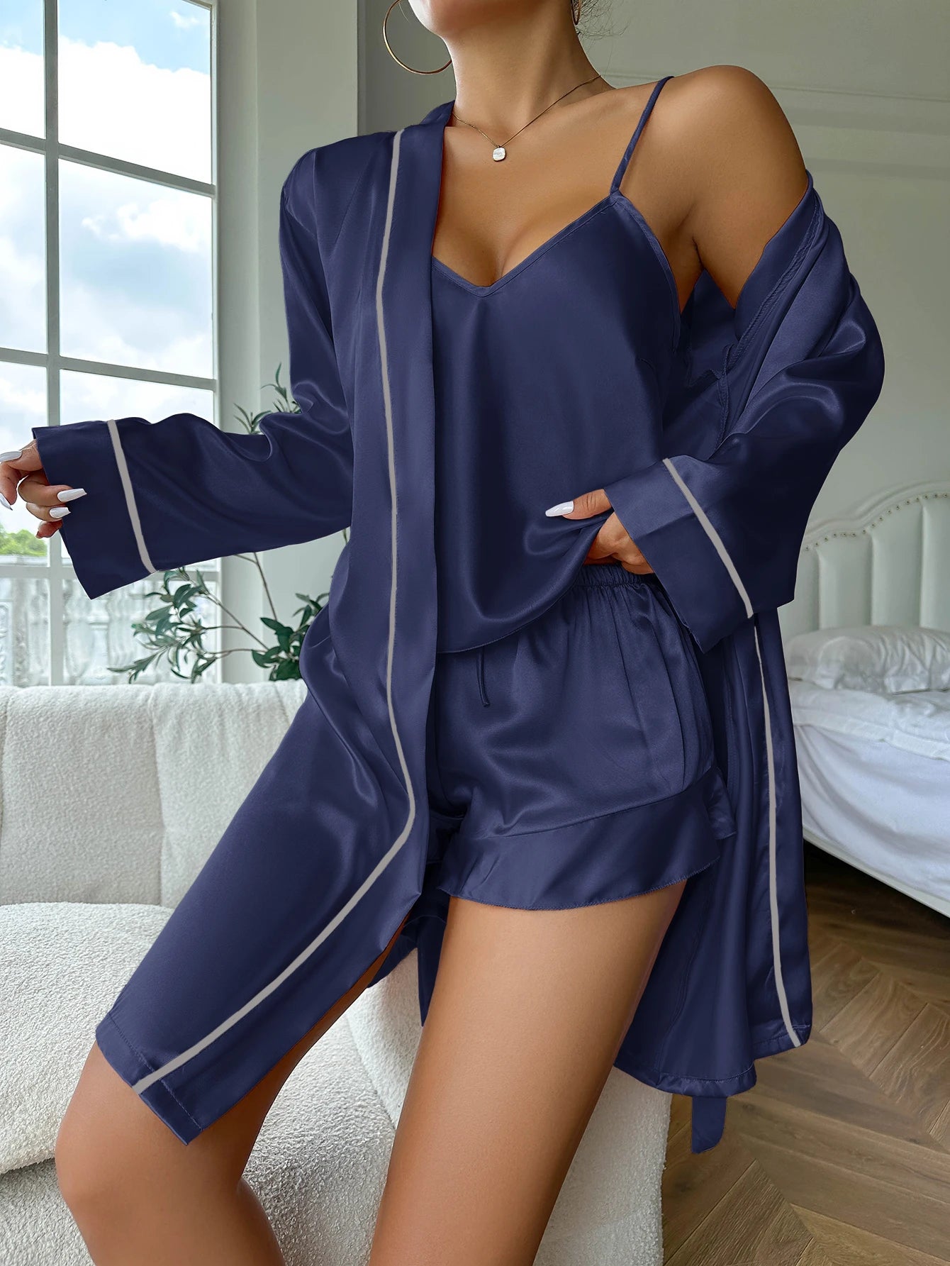 Zhejiang Satin Pajama Set Women V Neck Cami Top And Shorts