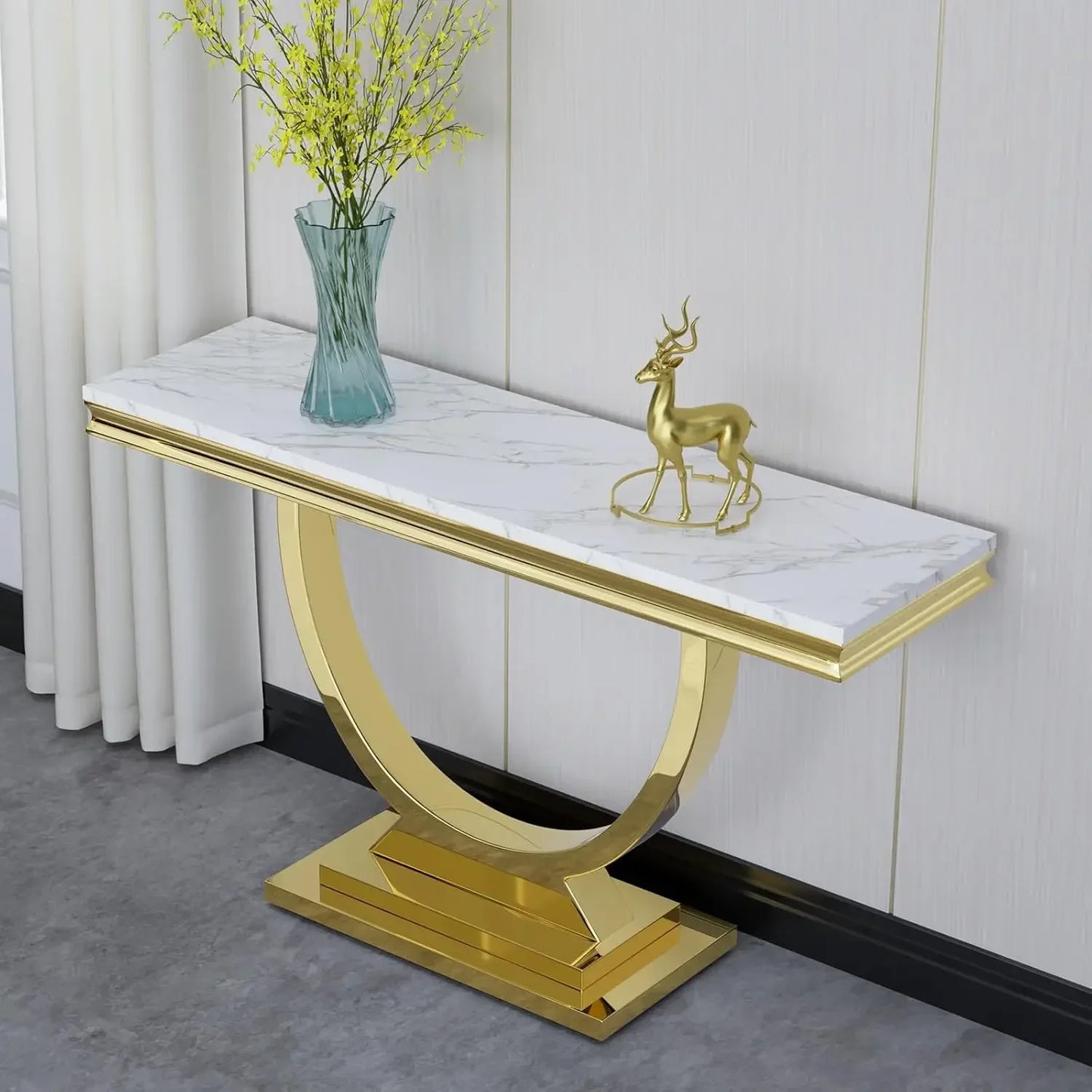 47 Inch Rectangular Coffee Table Modern White Faux Marble Cocktail Table with Silver Mirrored Finish U Shape Stainless Steel Base