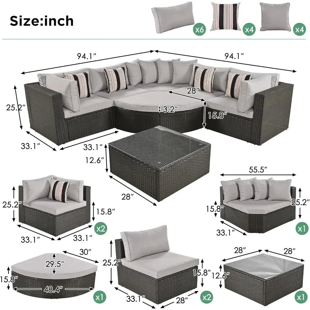 Cushioned Half Moon Rattan Sofa Set for Outdoor Relaxation