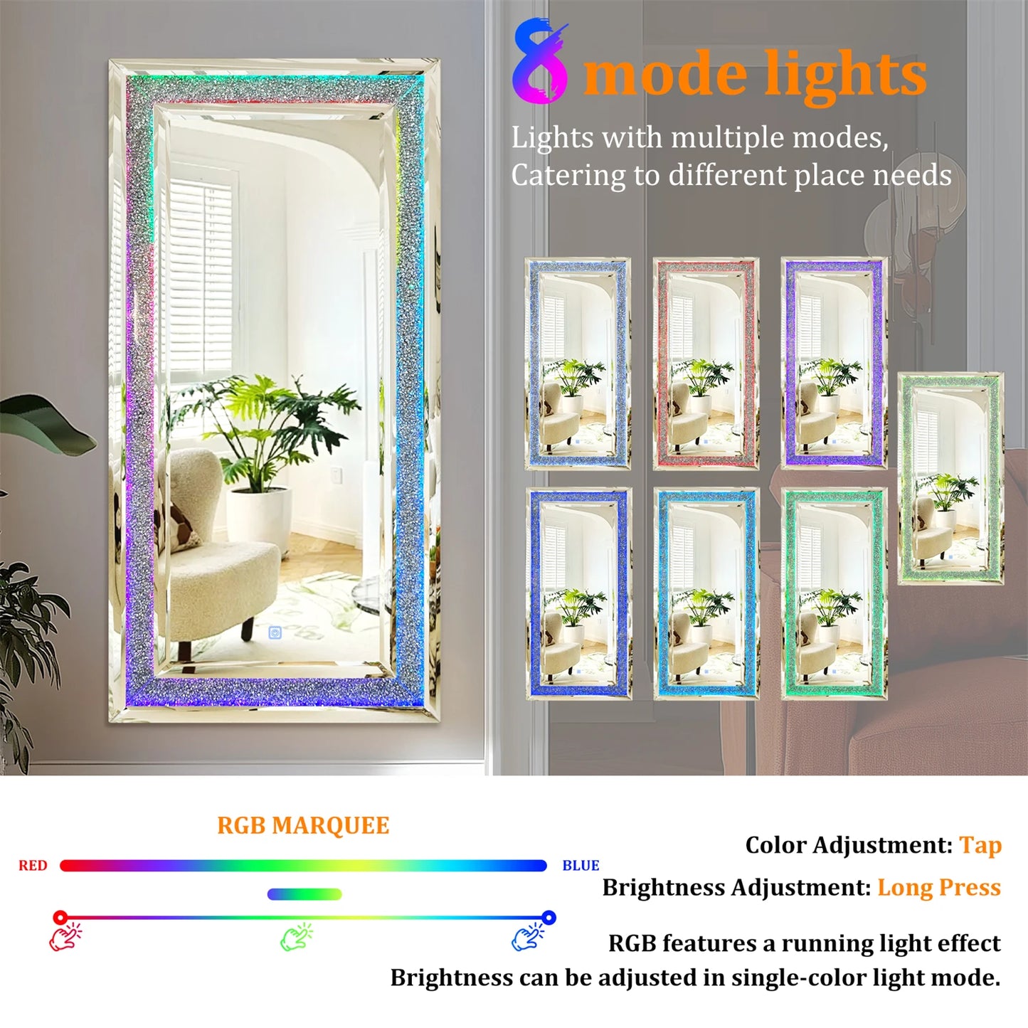 120x60cm LED Full Length Mirror with 7 Colors RGB Lights and Crushed Diamond Design for Living Room and Bedroom