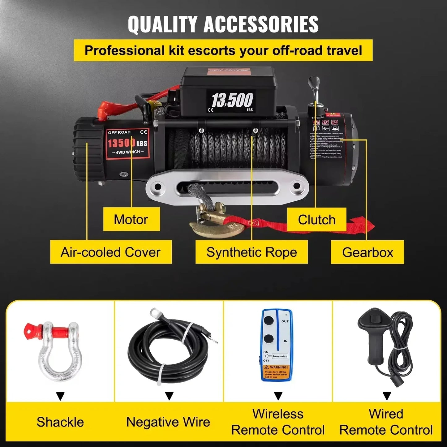 VEVOR 13500 Lbs 12V Electric Winch With Synthetic Tow Rope