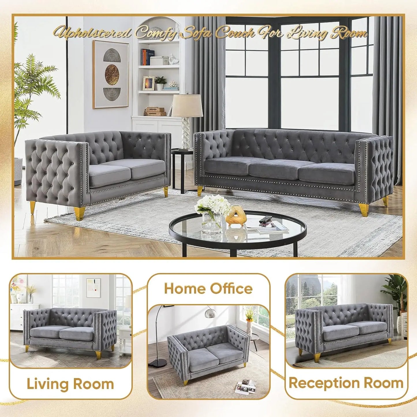 XMSJ Velvet Sofa Set Modern Tufted Rivet Decoration